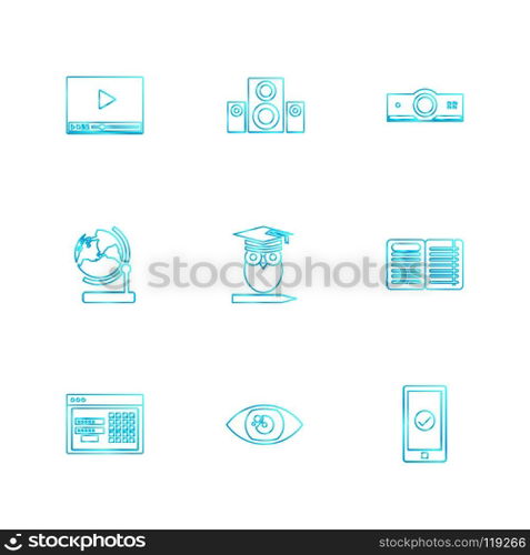 electronics , technology , study , education , science , computer , laptop , graph , bulb, camera , target , cd , video , media , icon, vector, design,  flat,  collection, style, creative,  icons