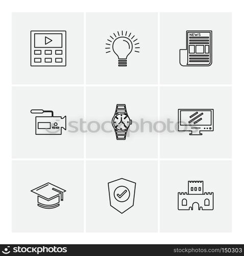 electronics , technology , study , education , science , computer , laptop , graph , bulb, camera , target , cd , video , media , icon, vector, design,  flat,  collection, style, creative,  icons