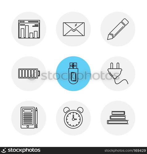 electronics , technology , study , education , science , computer , laptop , graph , bulb, camera , target , cd , video , media , icon, vector, design,  flat,  collection, style, creative,  icons