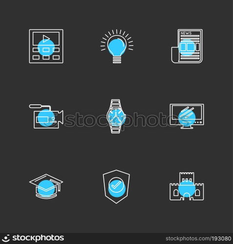 electronics , technology , study , education , science , computer , laptop , graph , bulb, camera , target , cd , video , media , icon, vector, design,  flat,  collection, style, creative,  icons