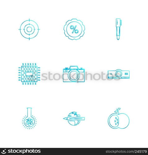 electronics , technology , study , education , science , computer , laptop , graph , bulb, camera , target , cd , video , media , icon, vector, design,  flat,  collection, style, creative,  icons