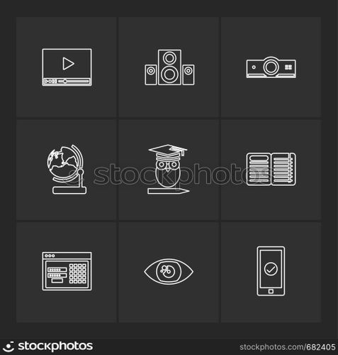 electronics , technology , study , education , science , computer , laptop , graph , bulb, camera , target , cd , video , media , icon, vector, design,  flat,  collection, style, creative,  icons