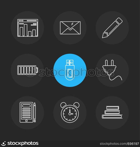 electronics , technology , study , education , science , computer , laptop , graph , bulb, camera , target , cd , video , media , icon, vector, design,  flat,  collection, style, creative,  icons