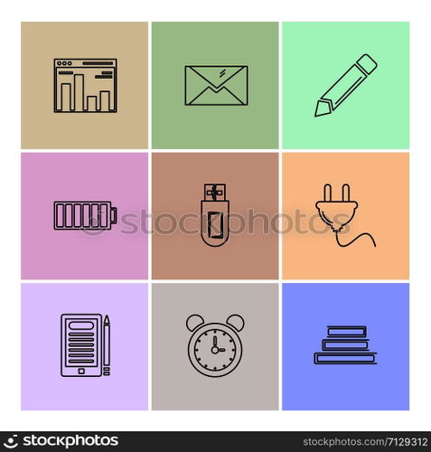 electronics , technology , study , education , science , computer , laptop , graph , bulb, camera , target , cd , video , media , icon, vector, design,  flat,  collection, style, creative,  icons