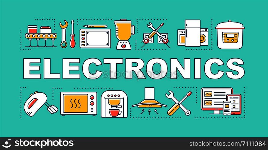 Electronics word concepts banner. Manufacture, maintenance and repair of household appliances. Presentation, website. Isolated lettering typography idea with linear icons. Vector outline illustration