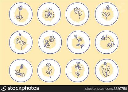 Elegance highlight icons set of continuous line flowers. Logo for boutique, floral shop, eco product. Hand drawn vector illustration for decor and design.