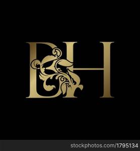 Elegance Luxury deco letter B and H, BH golden logo vector design, alphabet font initial in art decoration.