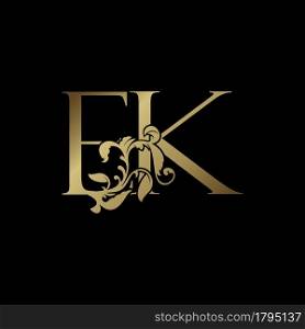 Elegance Luxury deco letter E and K, EK golden logo vector design, alphabet font initial in art decoration.