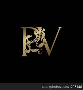 Elegance Luxury deco letter P and V, PV golden logo vector design, alphabet font initial in art decoration.