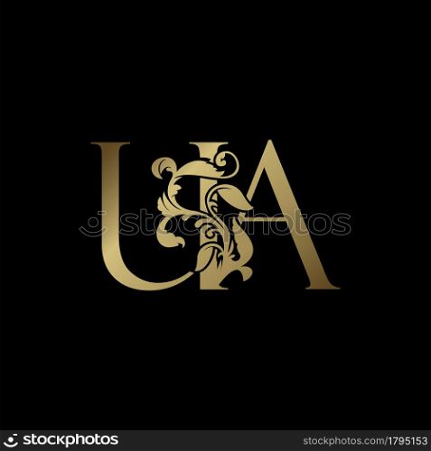 Elegance Luxury deco letter U and A, UA golden logo vector design, alphabet font initial in art decoration.