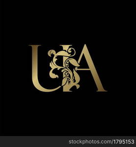 Elegance Luxury deco letter U and A, UA golden logo vector design, alphabet font initial in art decoration.