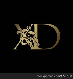 Elegance Luxury deco letter X and D, XD golden logo vector design, alphabet font initial in art decoration.