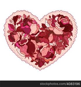 Elegance pattern Heart of flowers roses. Valentine Greeting card. Hand drawn vector illustration.