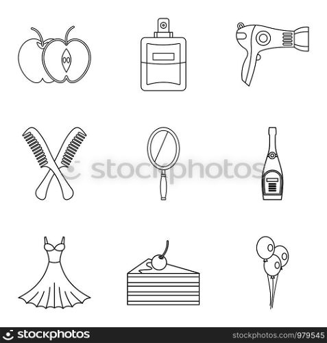 Elegancy lady icons set. Outline set of 9 elegancy lady vector icons for web isolated on white background. Elegancy lady icons set, outline style