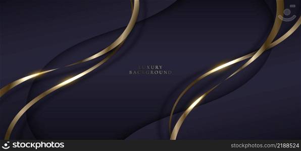 Elegant 3D abstract background dark purple curved shape with golden ribbon line and space for your text. Luxury style. Vector illustration