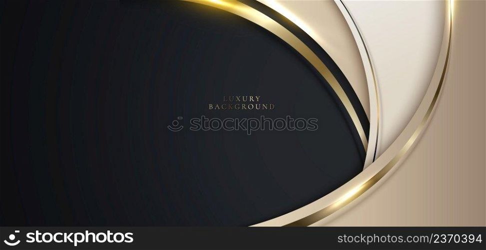 Elegant 3D abstract background golden curved shape with gold lines on black background. Luxury style. Vector illustration