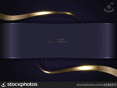 Elegant 3D abstract background purple metallic stripes with shiny golden ribbon line lighting sparking. Luxury style. Vector illustration
