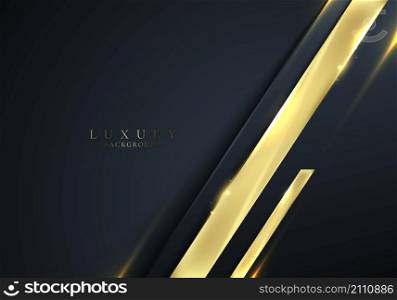 Elegant 3D abstract blue stripes shapes with lighting shiny golden diagonal lines on dark blue background template luxury style. Vector illustration