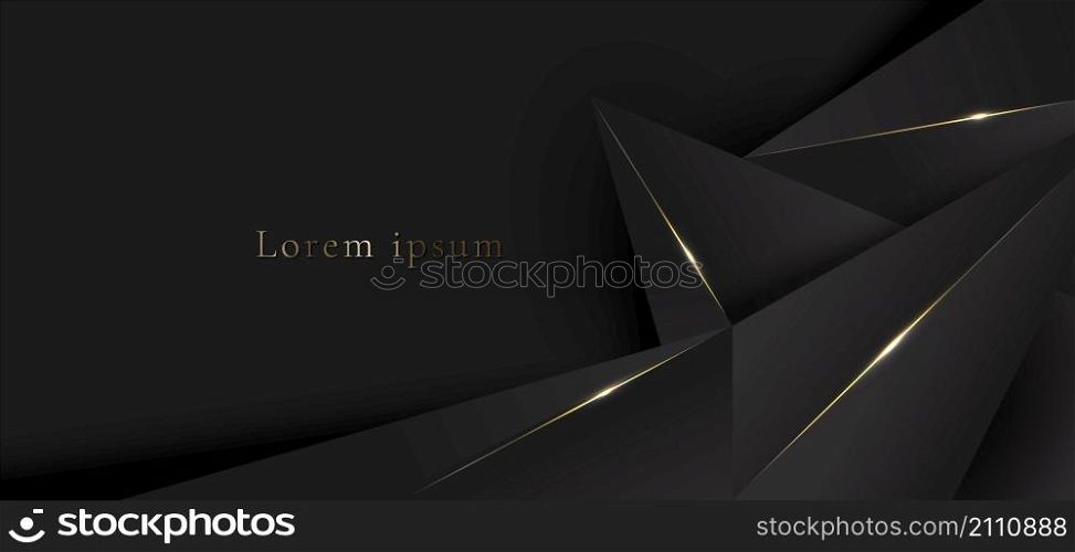 Elegant 3D black low polygonal pattern with shiny golden lines and glowing lighting effect on dark background texture. Luxury style. Vector graphic illustration