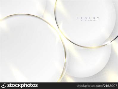Elegant 3D white circles and golden ring with glow lighting effect on clean background. Luxury style. Vector illustration