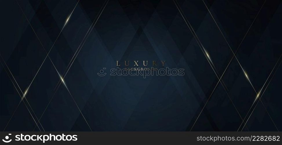 Elegant abstract 3D golden diagonal lines lighting with dark blue triangles shapes overlapping background. Luxury style. Vector graphic illustration