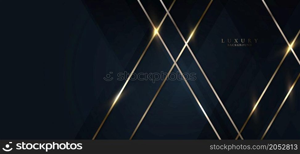 Elegant abstract 3D golden lines lighting with dark blue triangles shapes overlapping background. Luxury style. Vector graphic illustration