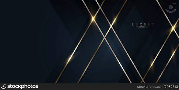 Elegant abstract 3D golden lines lighting with dark blue triangles shapes overlapping background. Luxury style. Vector graphic illustration