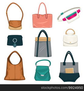 Elegant and casual, basic accessories for women fashionable look. Isolated collection to complete outfits, micro-bag and baggy container, designs and models made of leather. Vector in flat style. Bags and rucksacks fashion for women, styles collection