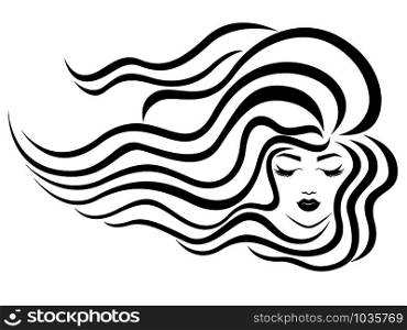 Elegant and charming lady with beautiful hair in flow and closed eyes, black vector isolated on the white background, hand drawing