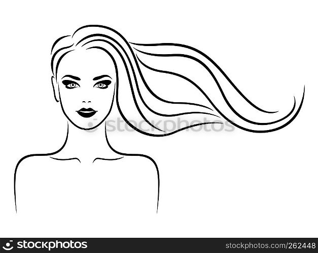 Elegant and charming lady with beautiful hair in flow and sensual face, hand drawing black vector on the white background