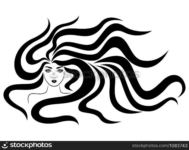 Elegant and charming lady with beautiful hair in flow, hand drawing black illustration isolated on the white background