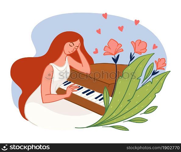Elegant and tender lady playing piano. Female composing songs and melodies. Studying musical instrument or giving performance. Entertainment or fun, hobby of girl personage. Vector in flat style. Pianist woman playing piano, elegant lady vector