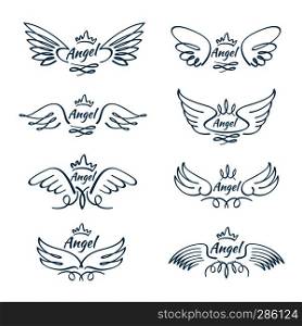 Elegant angel flying wings. Hand drawn wing tattoo vector design collection. Angel wing line, illustration of freedom tattoo sketch hand drawn. Elegant angel flying wings. Hand drawn wing tattoo vector design collection