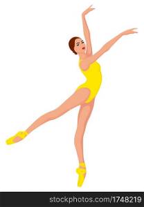 Elegant ballerina in yellow leotard with pointe shoe, hand drawing vector, isolated on the white background