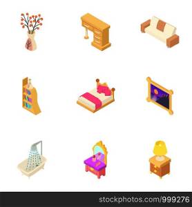 Elegant bedroom icons set. Isometric set of 9 elegant bedroom vector icons for web isolated on white background. Elegant bedroom icons set, isometric style