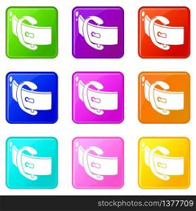 Elegant belt buckle icons set 9 color collection isolated on white for any design. Elegant belt buckle icons set 9 color collection