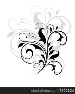 Elegant black and white swirling floral pattern with flourishes and an enlarged grey repeat behind