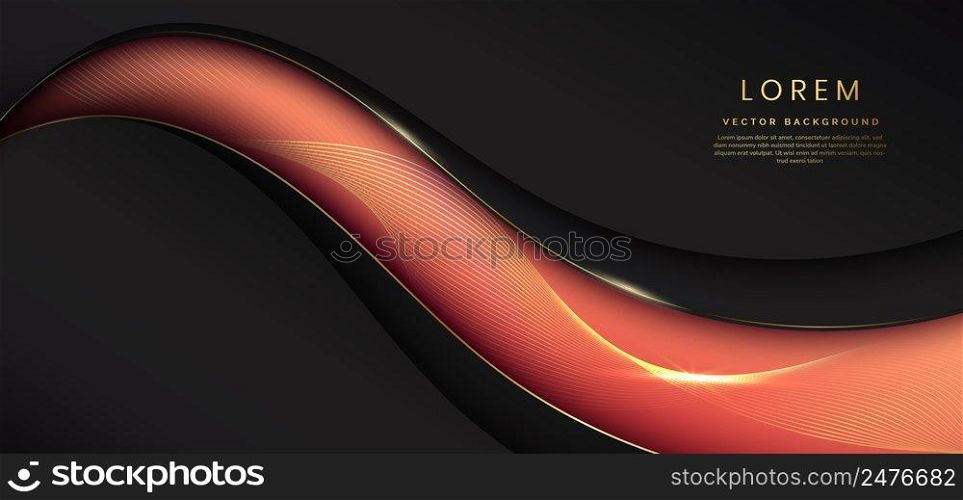 Elegant black background curved shape with golden shiny curve pattern, deep with elegant orange. Luxury style with copy space for tex. Vector illustration
