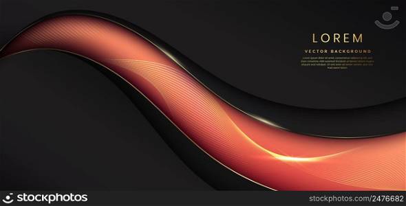 Elegant black background curved shape with golden shiny curve pattern, deep with elegant orange. Luxury style with copy space for tex. Vector illustration