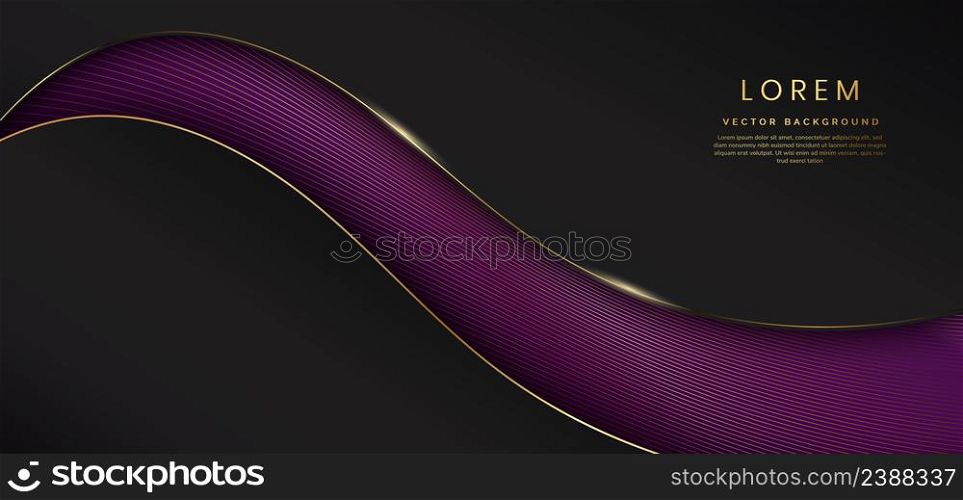 Elegant black background curved shape with golden shiny curve pattern, deep with elegant violet. Luxury style with copy space for tex. Vector illustration