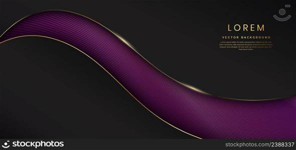 Elegant black background curved shape with golden shiny curve pattern, deep with elegant violet. Luxury style with copy space for tex. Vector illustration