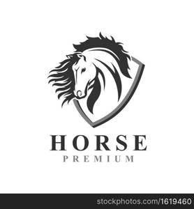 Elegant Black Horse Logo Design Combined with Abstract 3d Shield Concept.