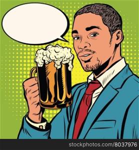 Elegant black man with a beer pop art retro vector. Bars restaurants pubs. Alcoholic beverage. Oktoberfest beer festival. Elegant black man with a beer