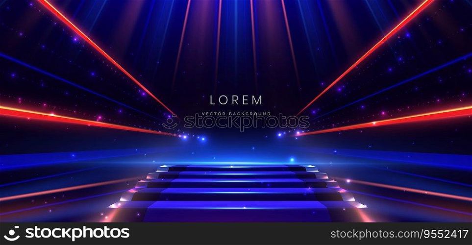 Elegant blue stage background with blue dot neon line and lighting effect sparkle. Luxury template award design. Vector illustration