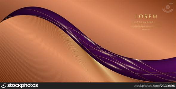 Elegant brown background, curved shape with golden shiny curve pattern, deep with elegant violet. Luxury style. Vector illustration