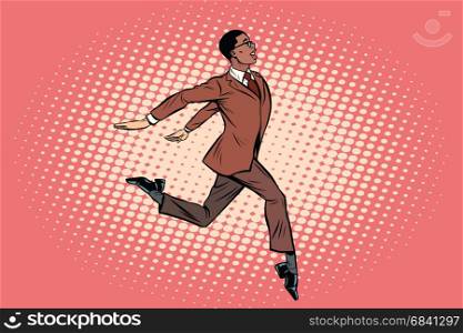 Elegant businessman runs forward. African American people. Pop art retro vector illustration. Elegant businessman runs forward