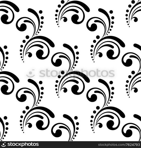 Elegant calligraphic design motif with swirls and dots in a repeat seamless background pattern in black and white. Elegant calligraphic design with swirls and dots