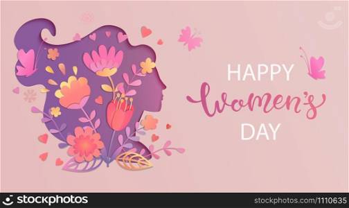 Elegant card for International Women&rsquo;s Day.Banner, flyer for March 8 with papercut woman face silhouette with flowers and wishing happy holiday.Congratulating placard for brochures.Vector illustration. Elegant card for International Women&rsquo;s Day .