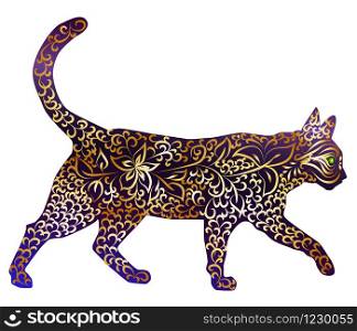 Elegant cat, silhouette, hand-painted in Indian style, print, design. The concept of grace, beauty of a cat, a unique pattern drawn by hand in Indian style. Elegant cat, silhouette, hand-painted in Indian style, print, design