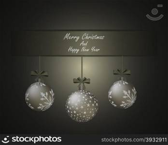Elegant Christmas greeting card with ribbon and fir balls hanged on it. Sepia background with copy space. Also suitable for New Year design. Vector Illustration.